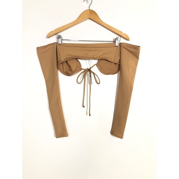 SKIMS Recycled Swim Top Long Sleeve Bikini Off Shoulder Ochre Tan NWT Size Small - Picture 2 of 8
